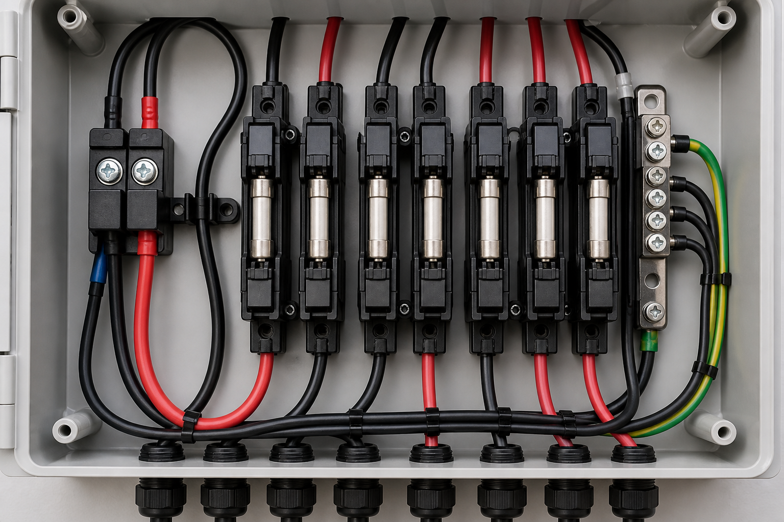 Close technical inspection of unbranded DC fuse holders and protected string conductors