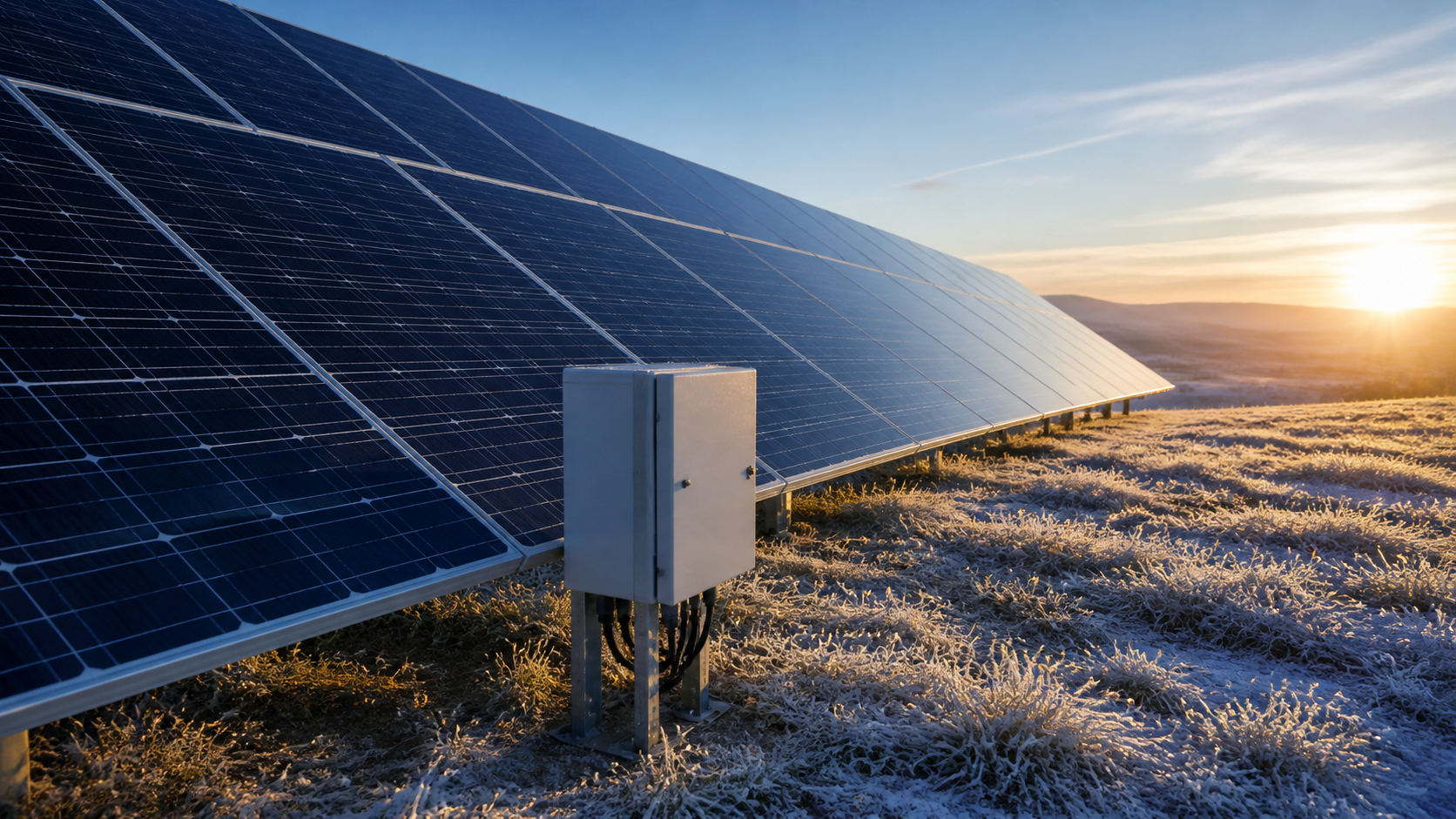 PV modules under crisp winter sunlight with a distant unbranded DC enclosure