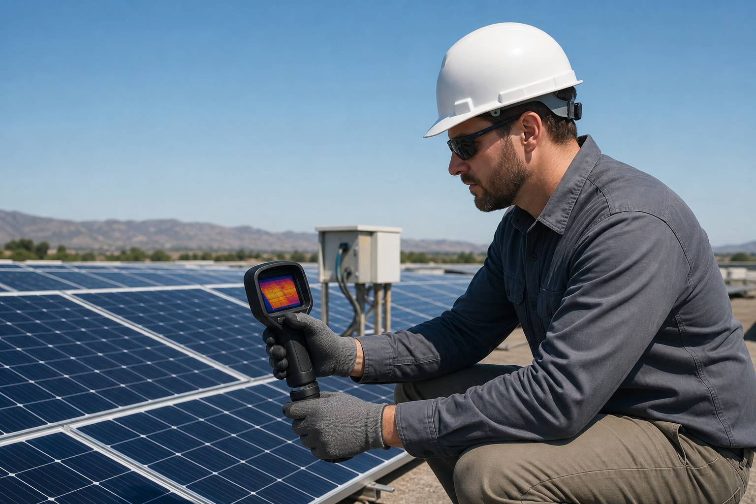 PV array under summer heat with technician reviewing electrical measurements