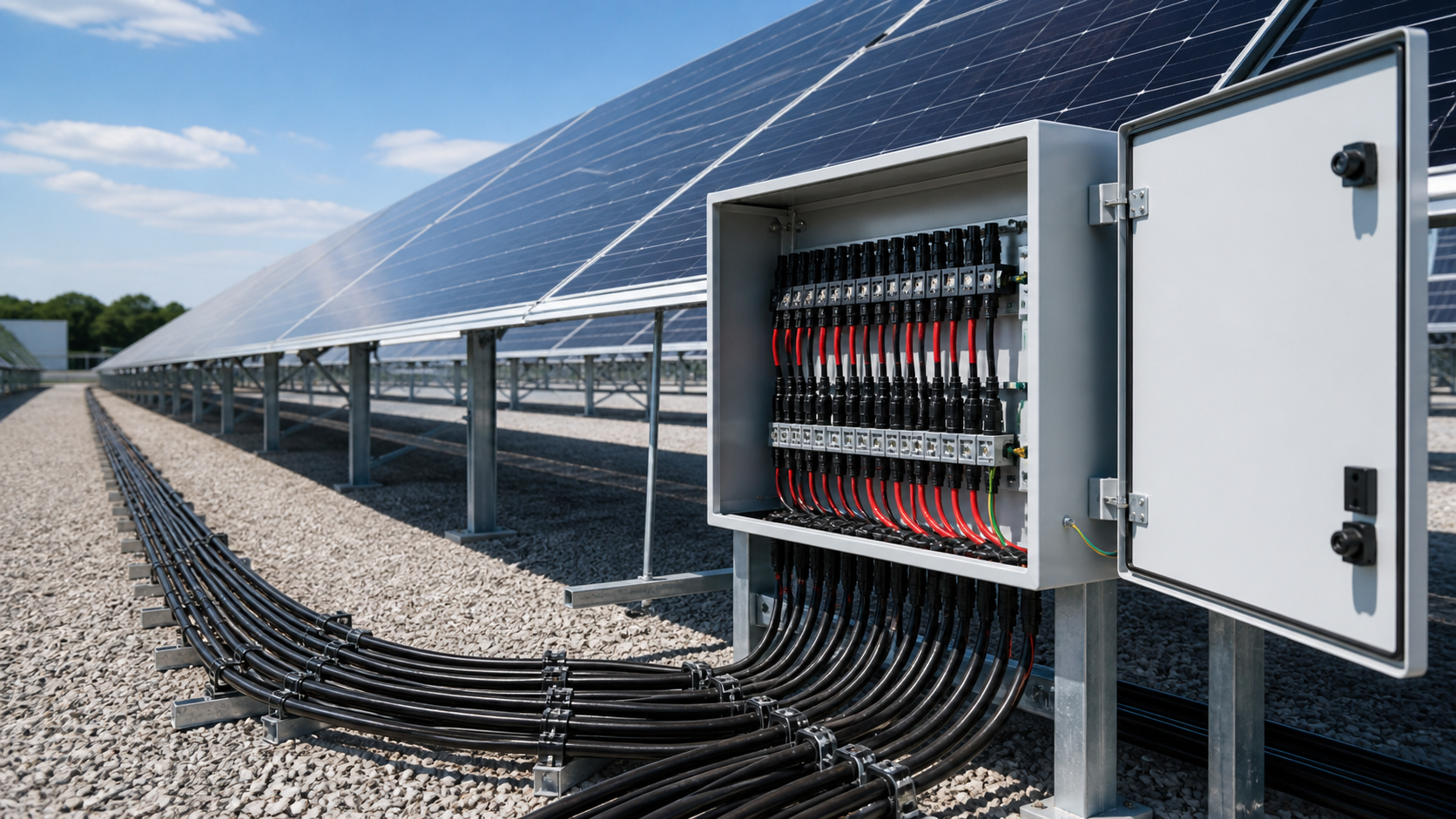Commercial PV array with clean DC cable routing and unbranded combiner equipment