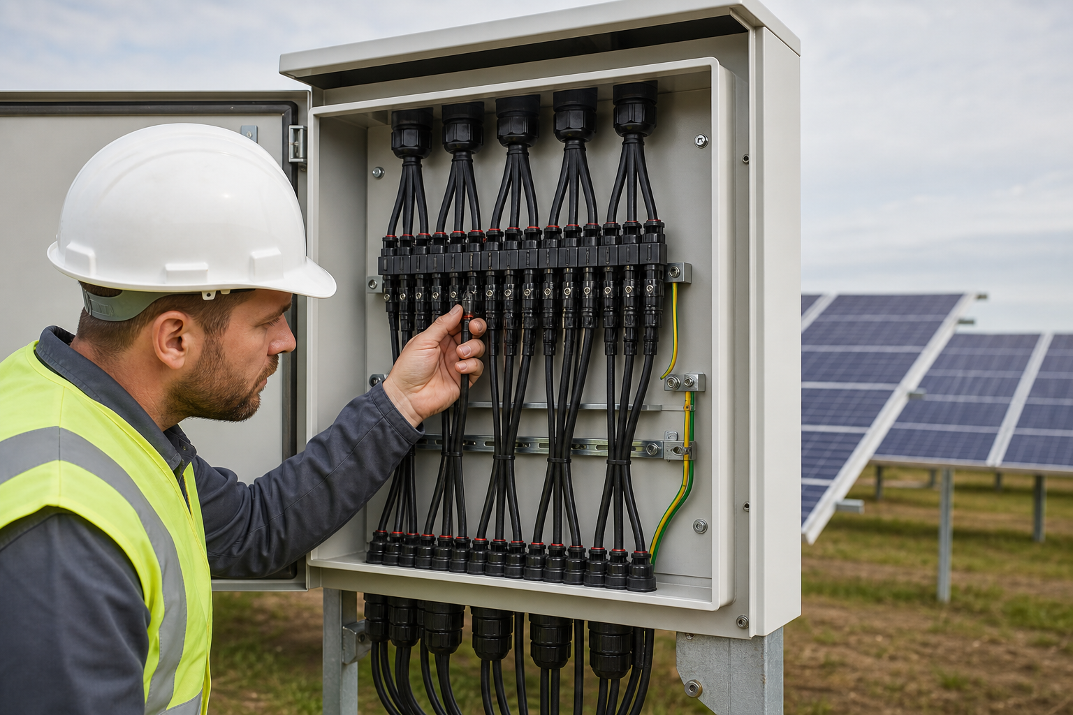 Technician examining a protected DC enclosure and solar cable terminations