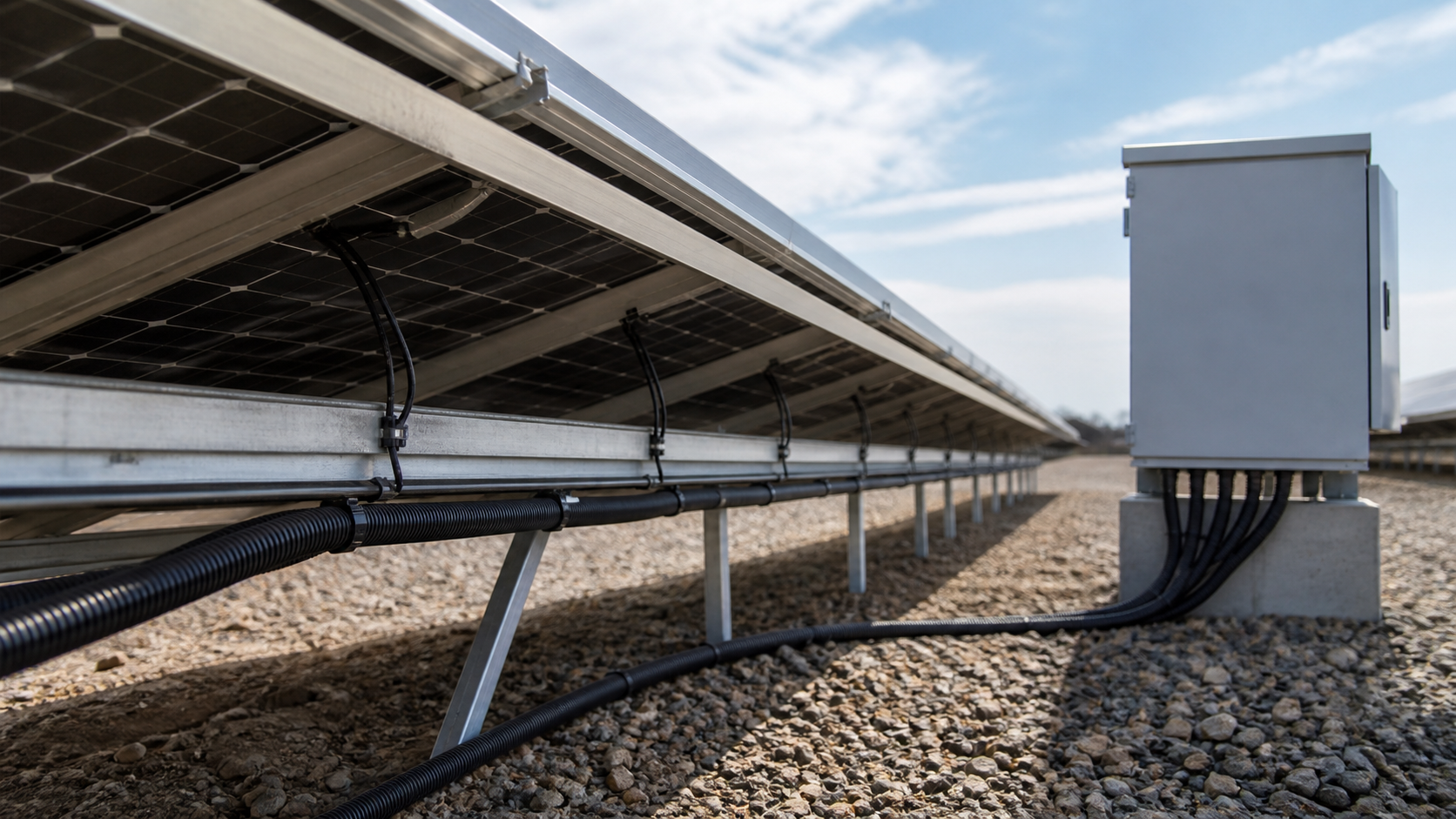Outdoor-rated black solar cable routed beneath a photovoltaic array