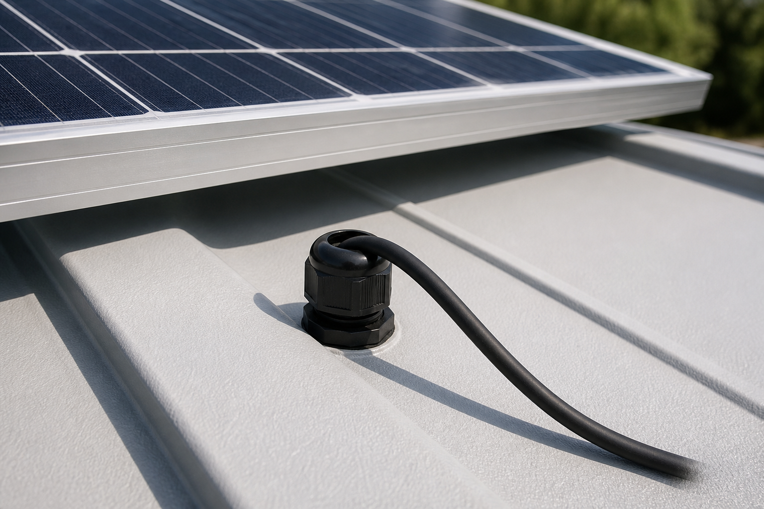 Close inspection of UV-exposed solar cable, conduit and weatherproof cable glands