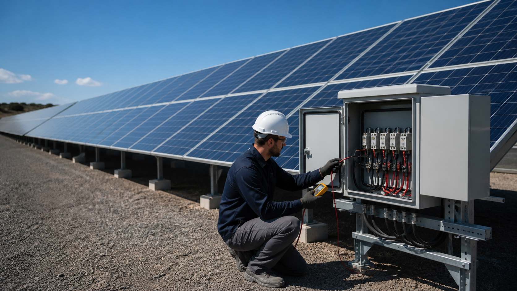 Solar array with an unbranded DC combiner enclosure in clear daylight