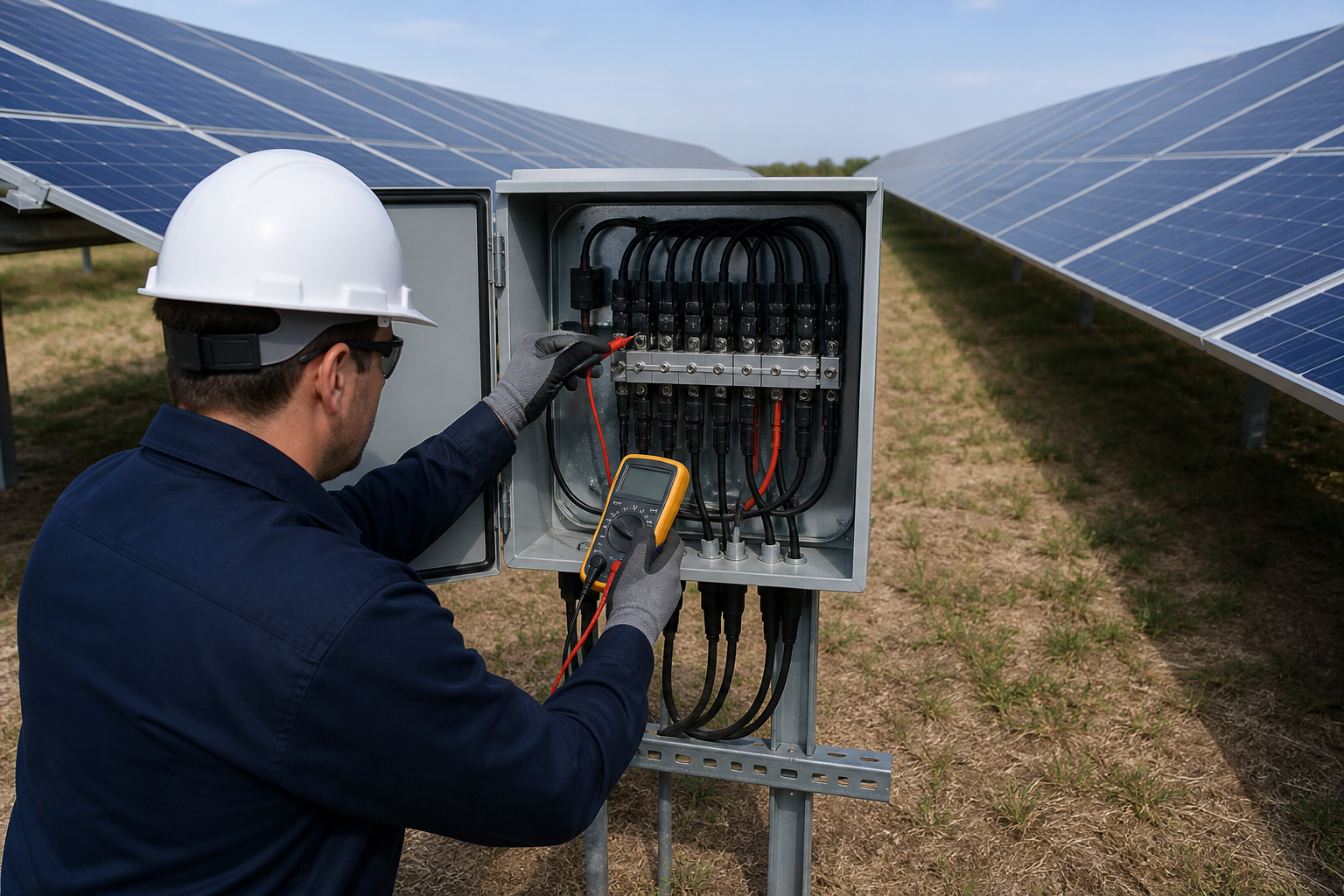 Engineer comparing PV module voltage measurements with a string-layout drawing