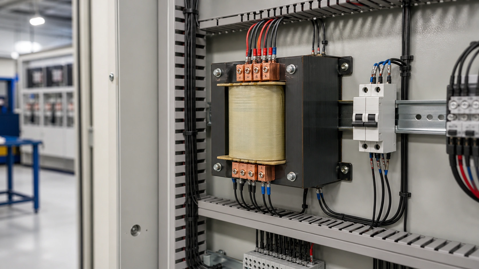 Unbranded control transformer mounted inside a motor-control-centre compartment
