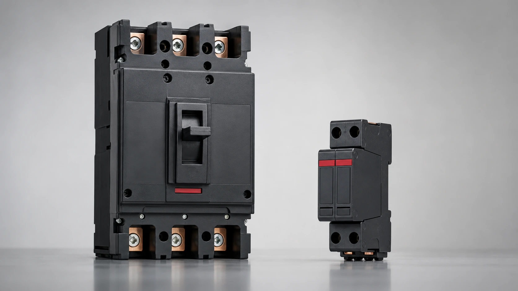Unbranded large branch circuit breaker beside a compact supplementary protector
