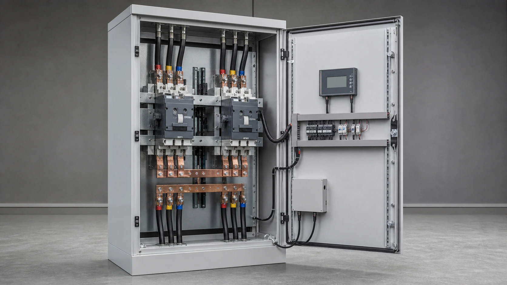 Unbranded dual-supply automatic transfer switch installed in an open low-voltage cabinet