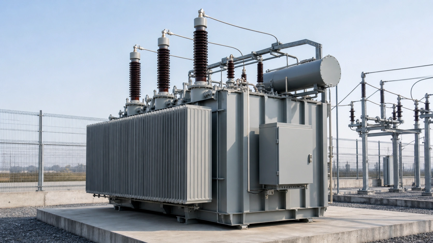 Unbranded oil-immersed distribution transformer on a concrete substation plinth