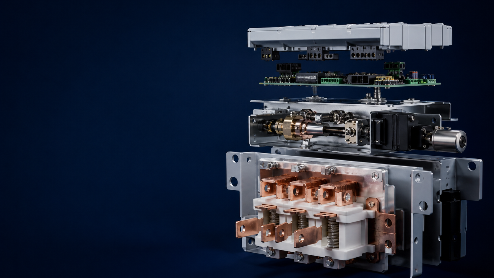 Exploded automatic transfer switching equipment assembly