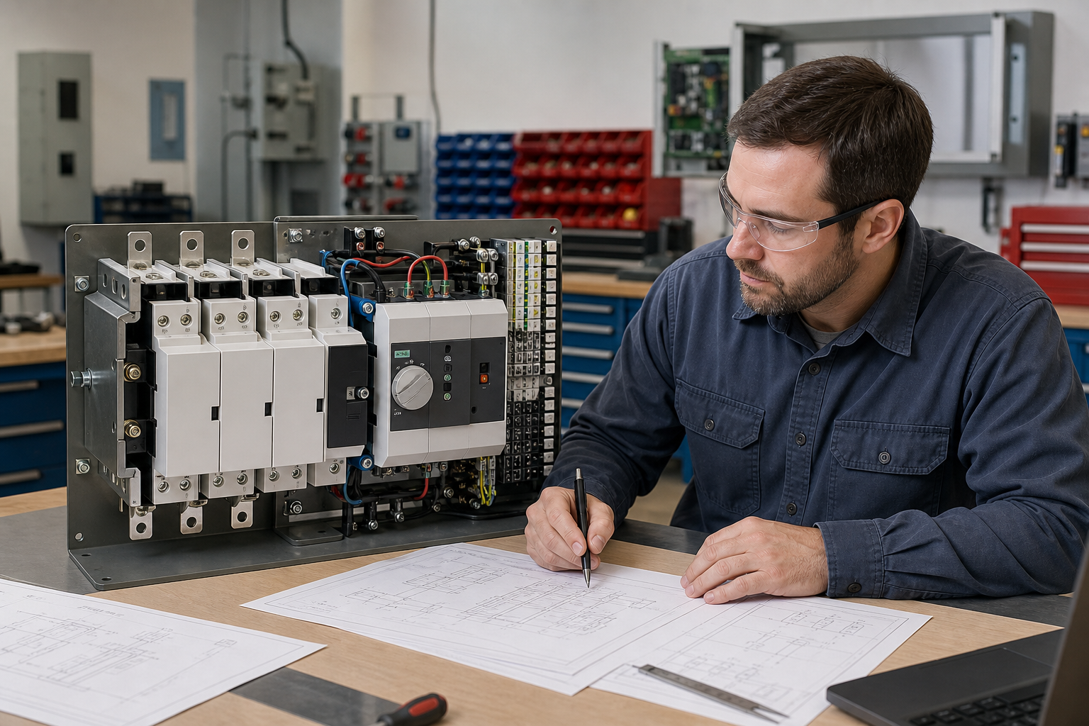 Engineer reviewing an automatic transfer switching assembly