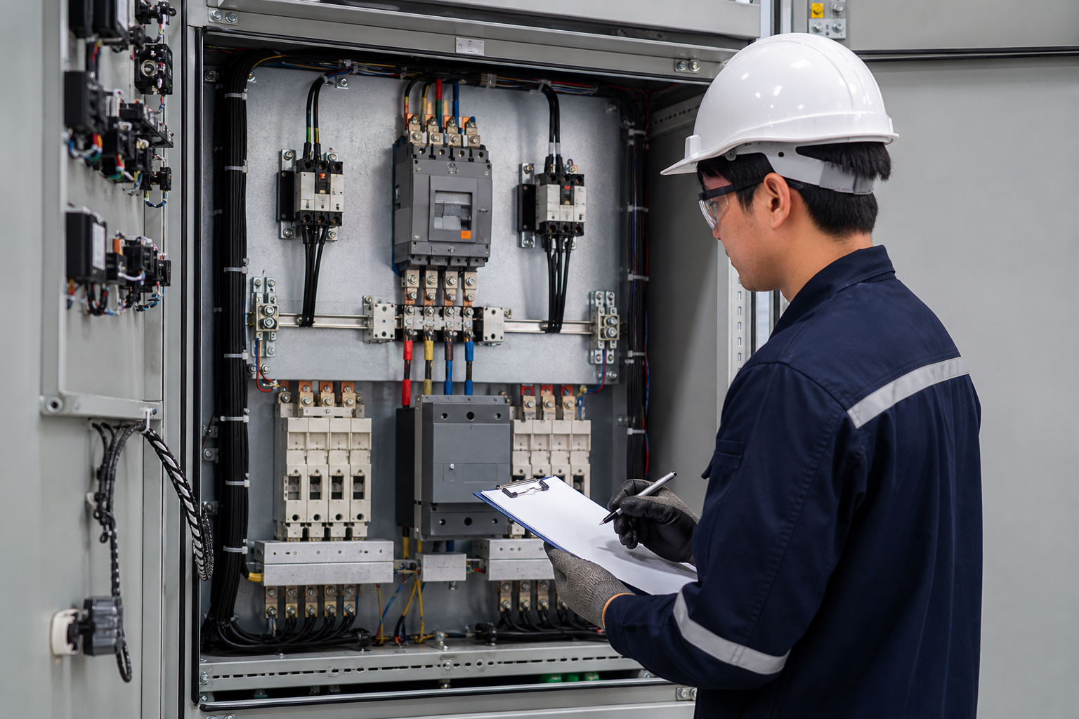 Engineer reviewing an automatic transfer switch cabinet