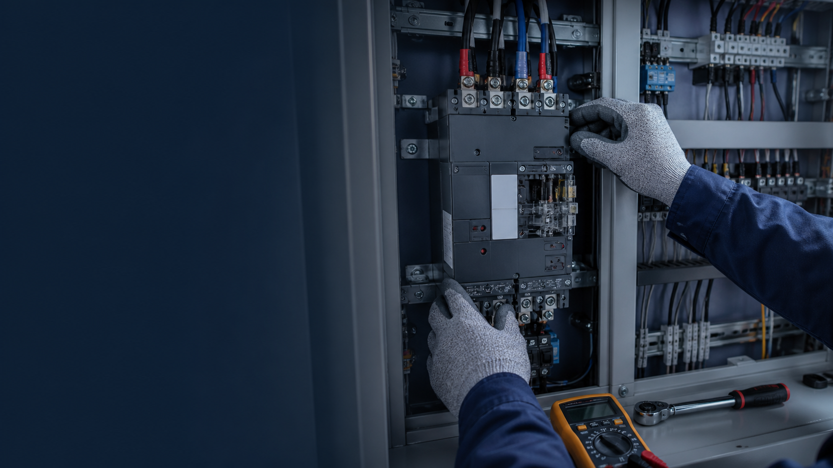 Technician inspecting an automatic transfer switch cabinet