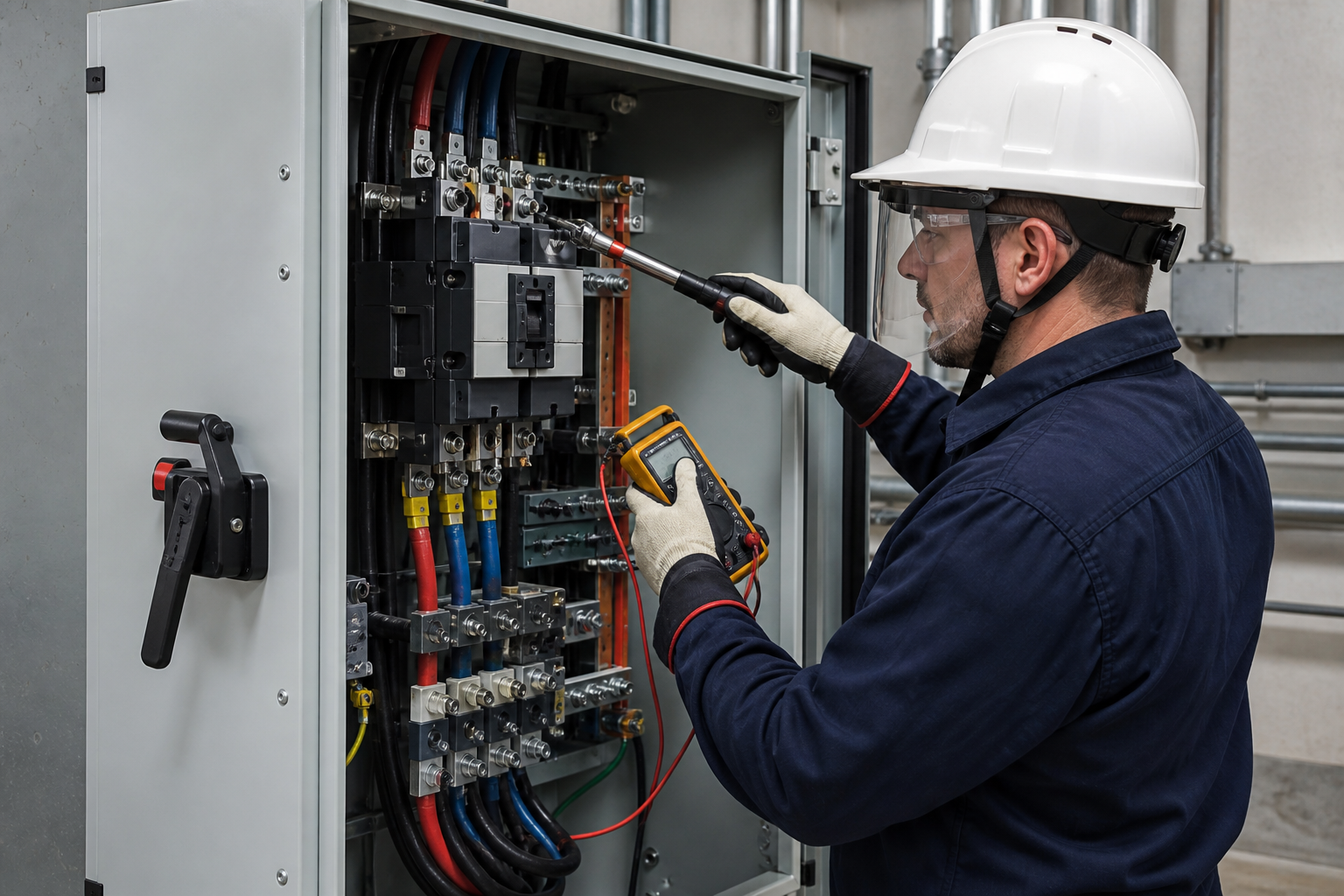 Scheduled transfer switch inspection with torque tool and test meter