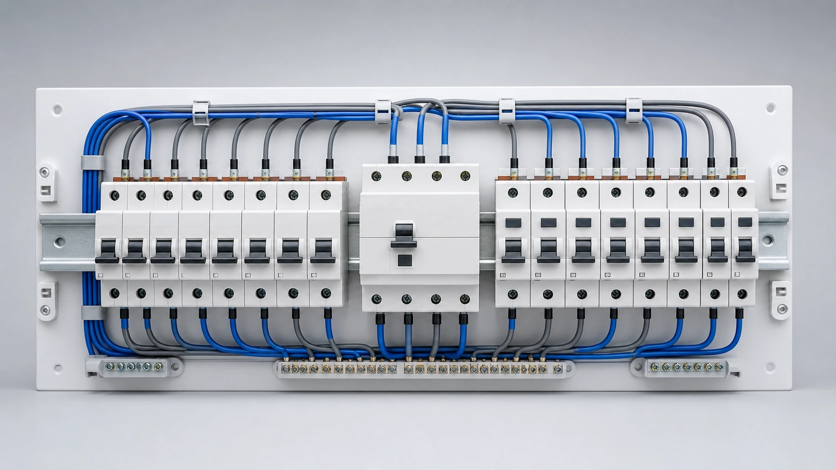 Unbranded low-voltage distribution board with MCB, RCCB and RCBO devices