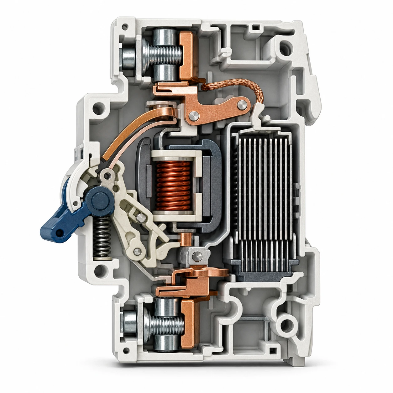 Technical cutaway view of a generic miniature circuit breaker mechanism