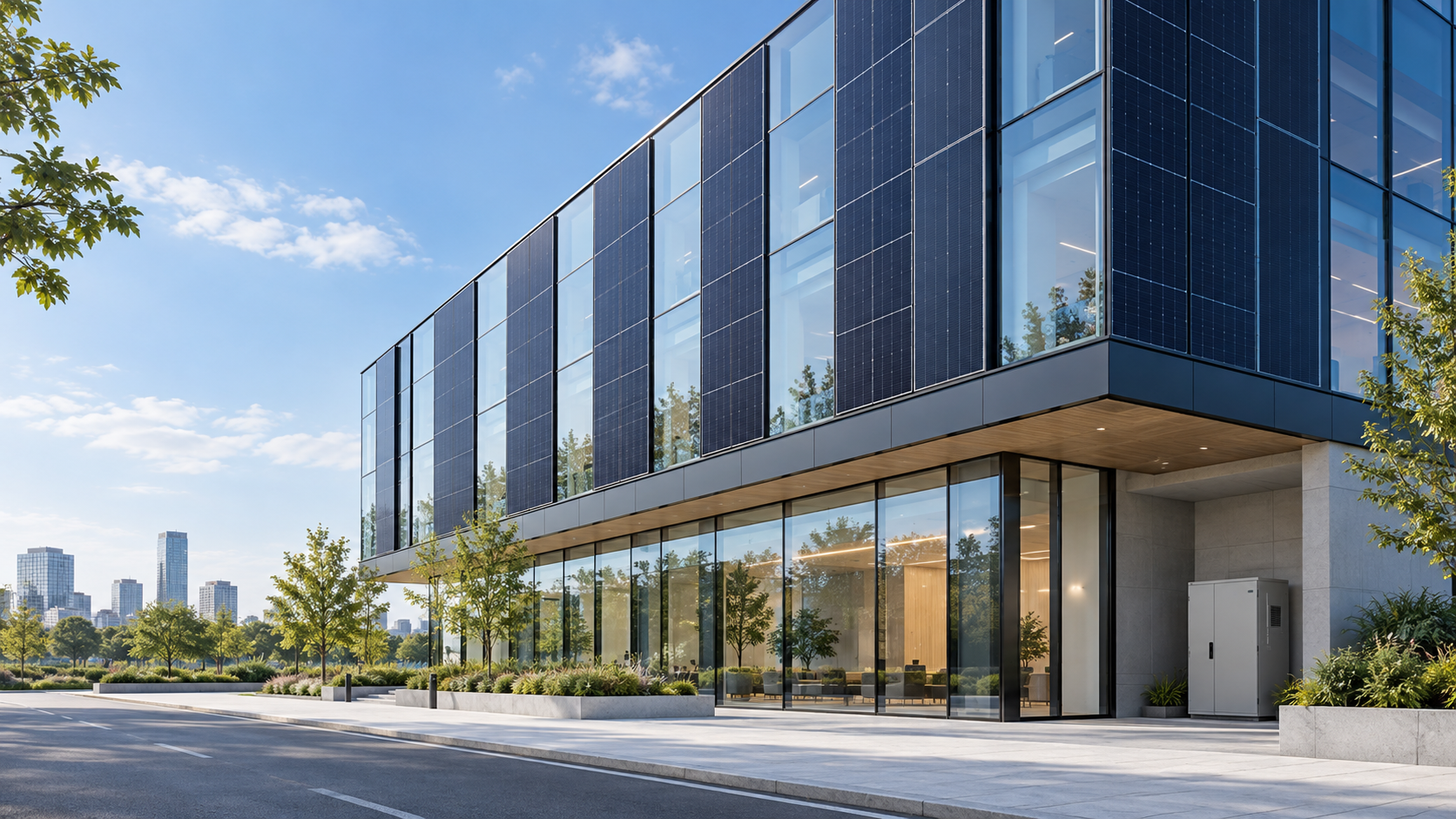 Illustrative building-integrated PV facade and service location