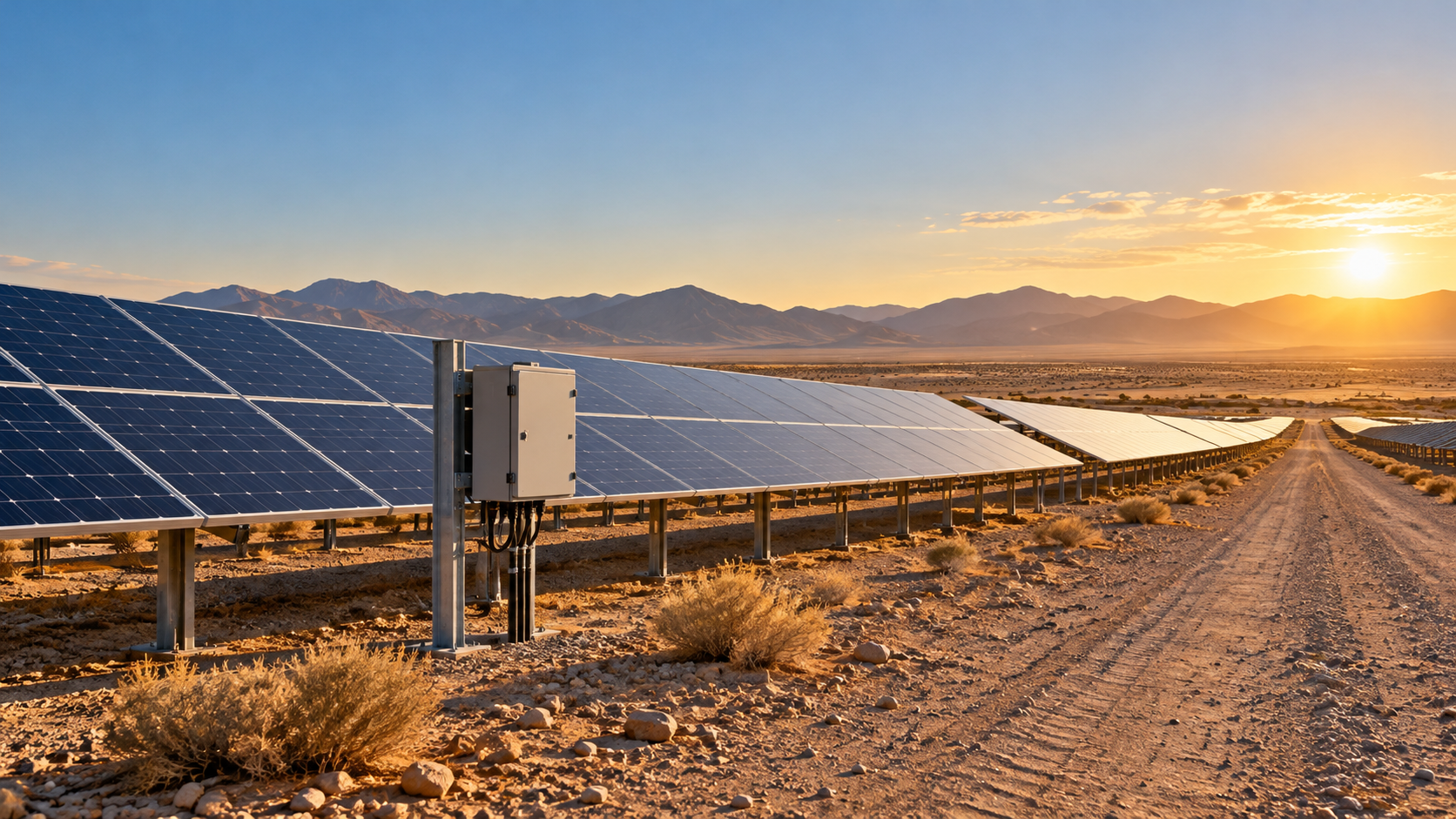 Illustrative PV array and service enclosure in a dry desert landscape