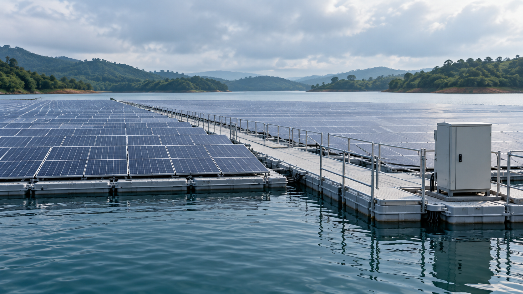 Illustrative floating PV array with a service cabinet mounted above water level