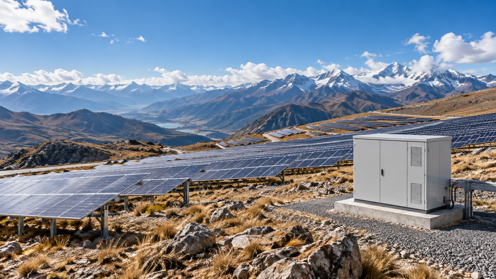 Illustrative PV plant and electrical equipment on a high mountain plateau