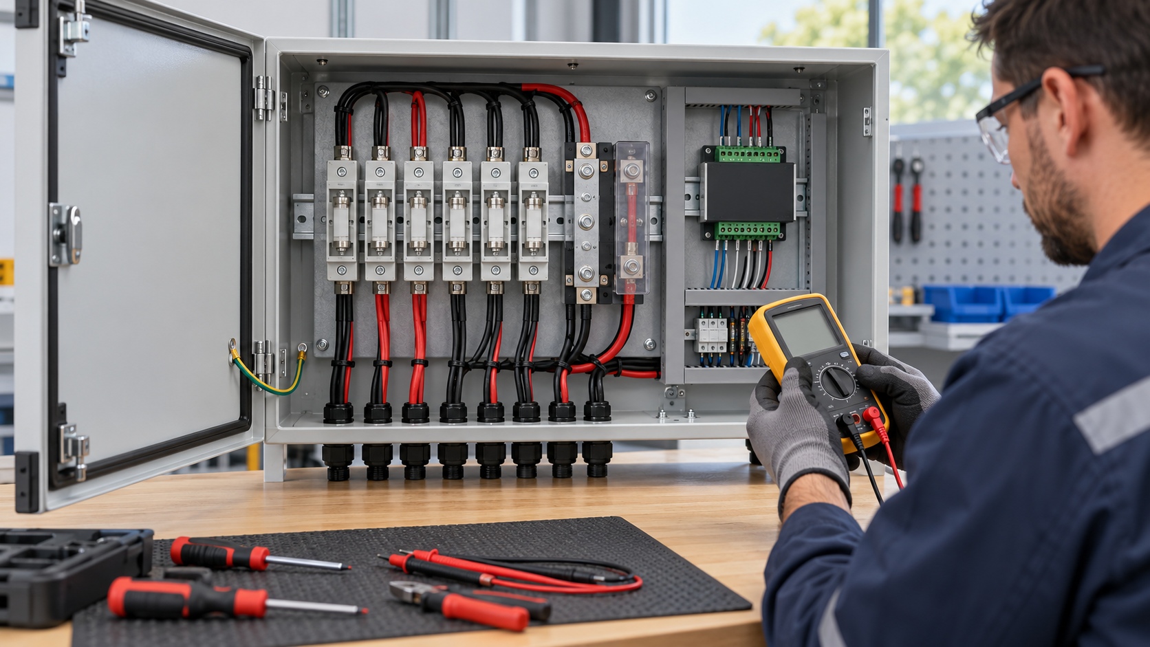 Illustrative editorial scene for Remote Fuse Status Alarm for Combiner Boxes