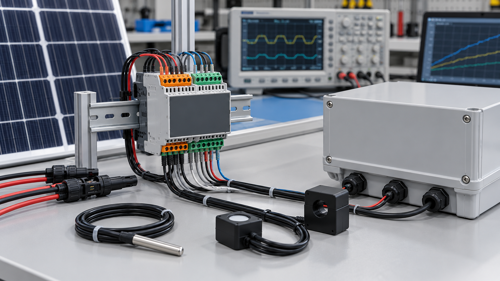 Illustrative editorial scene for PV Combiner Box Data Acquisition Module