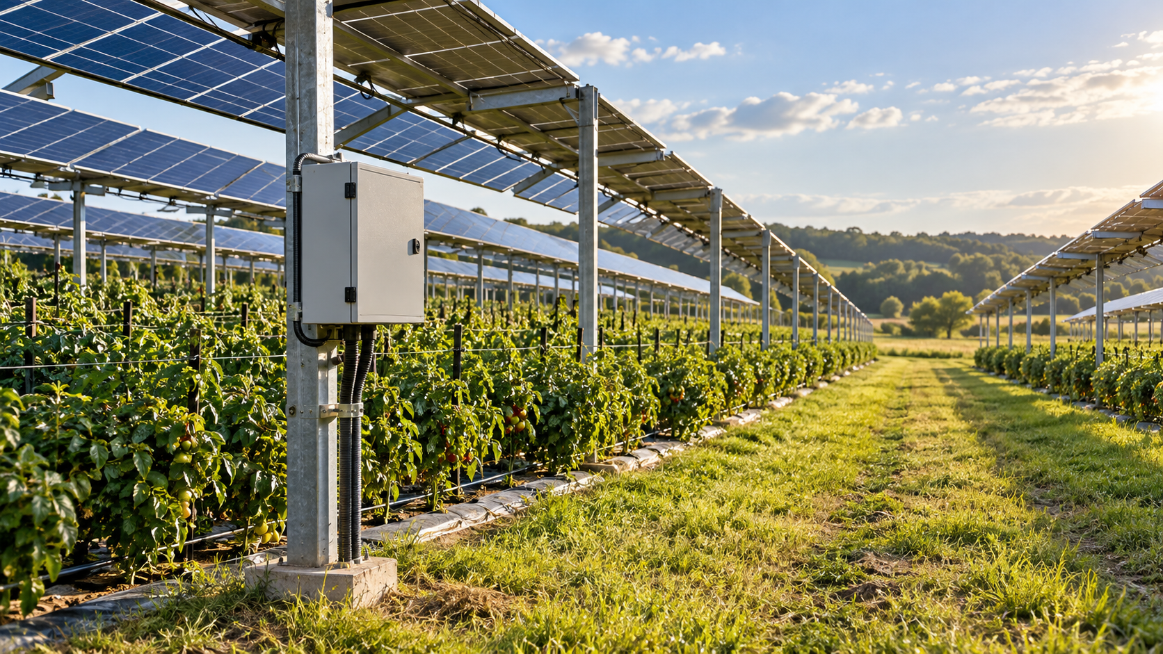 Illustrative elevated PV array above crops with a clear service lane