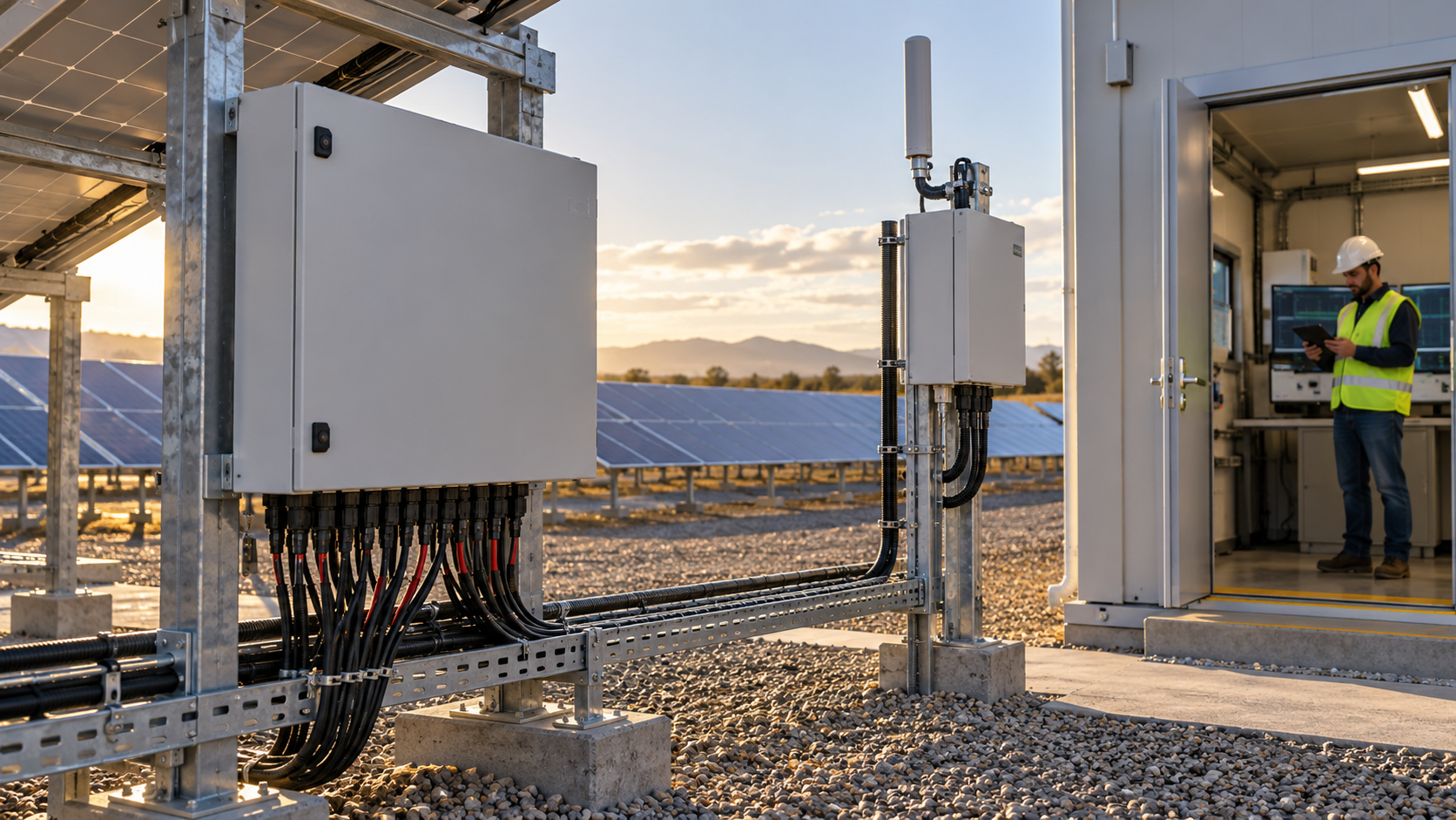 Illustrative editorial scene for PV Combiner Box IoT Monitoring Platform