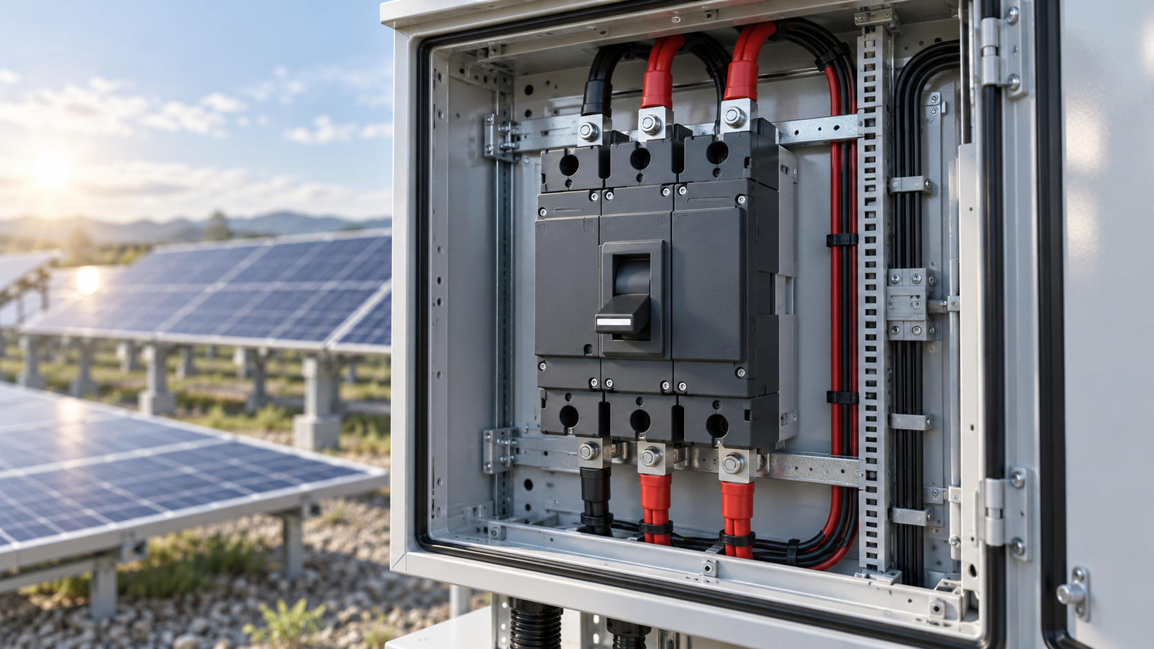 Unbranded DC circuit breaker enclosure beside a photovoltaic array combiner assembly