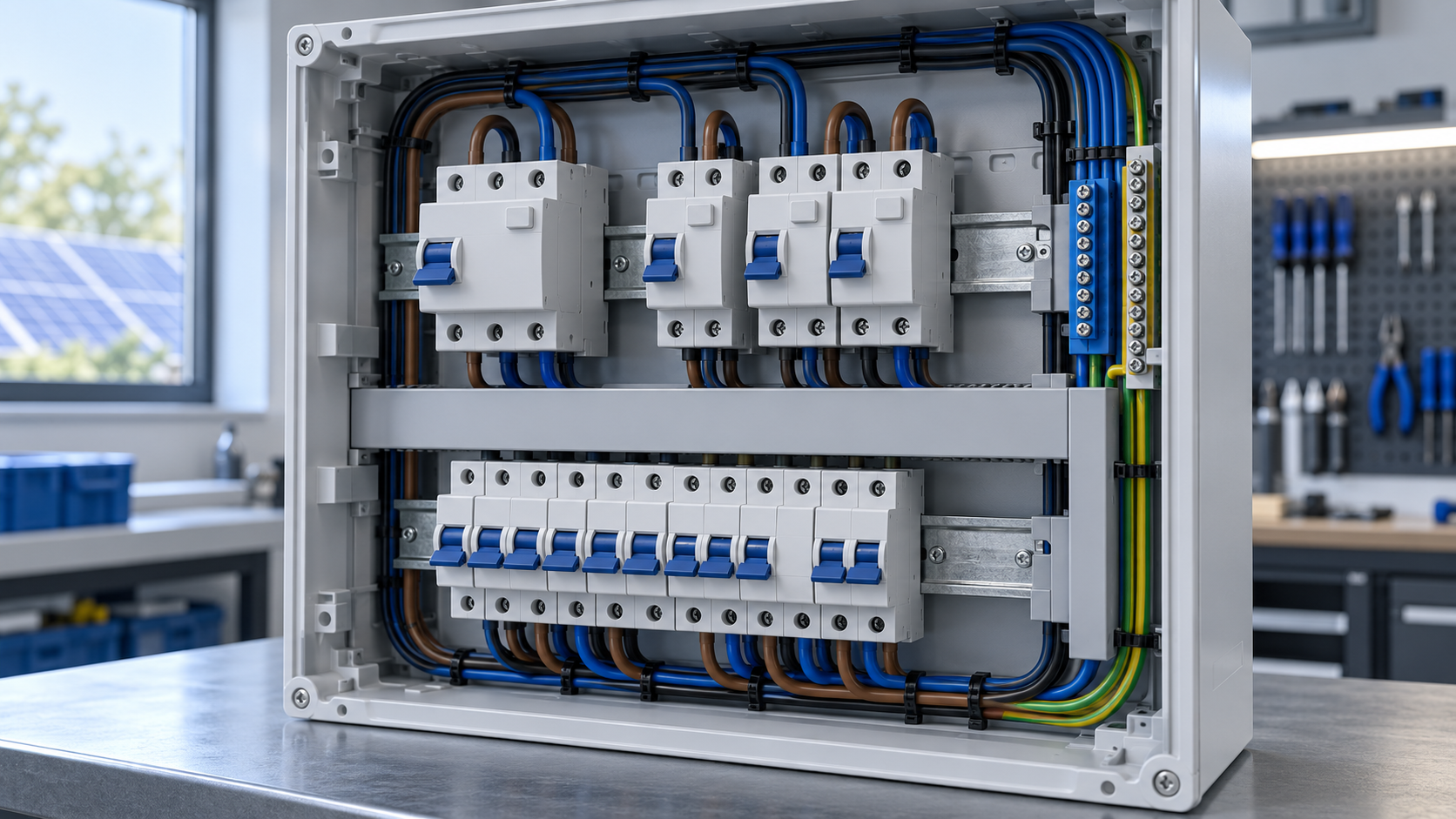 Unbranded PV AC distribution board showing an RCCB group device and individual RCBO ways