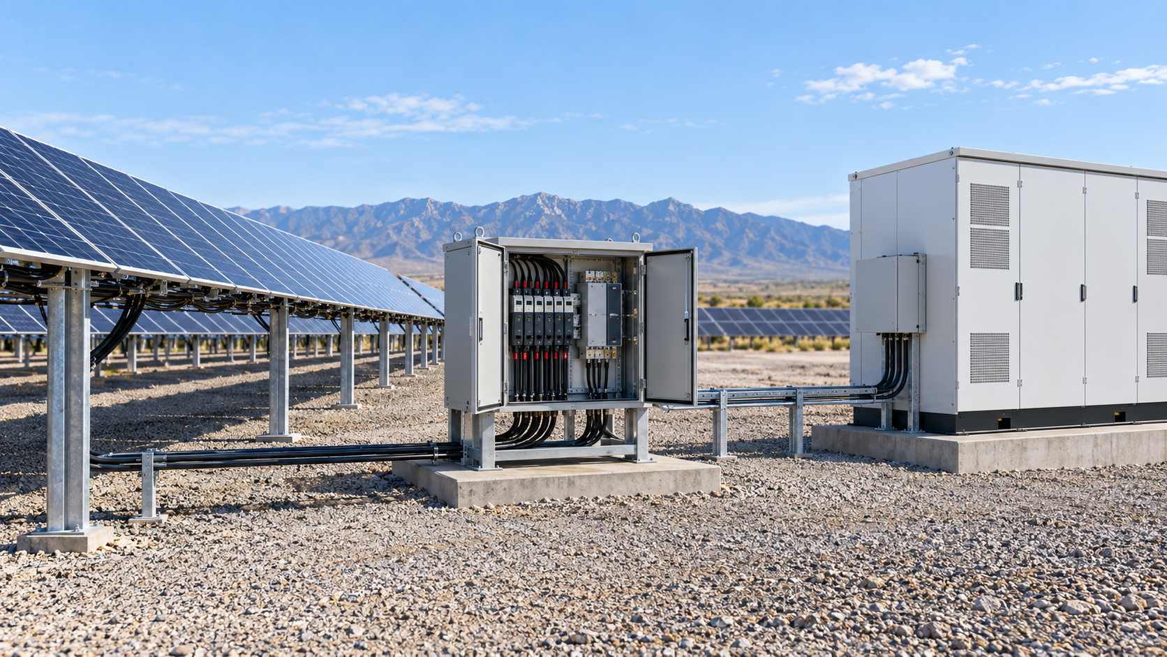 Unbranded PV DC collection cabinet and inverter equipment arranged as separate protection and conversion functions