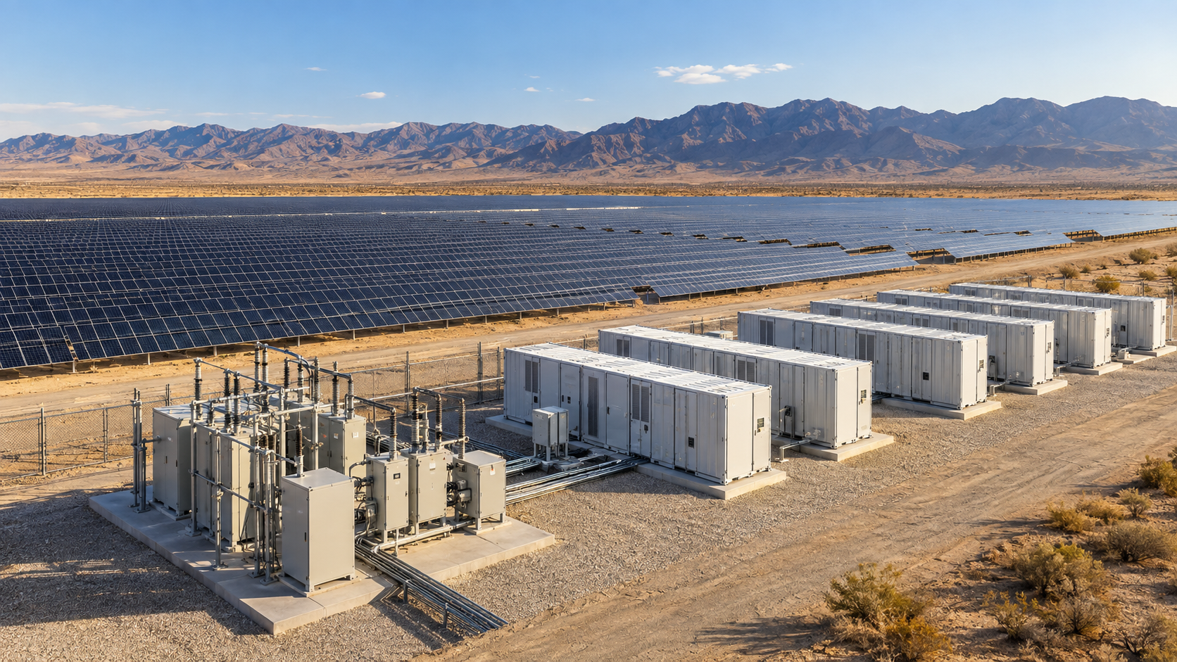 Large desert solar field with energy storage containers at the collection edge