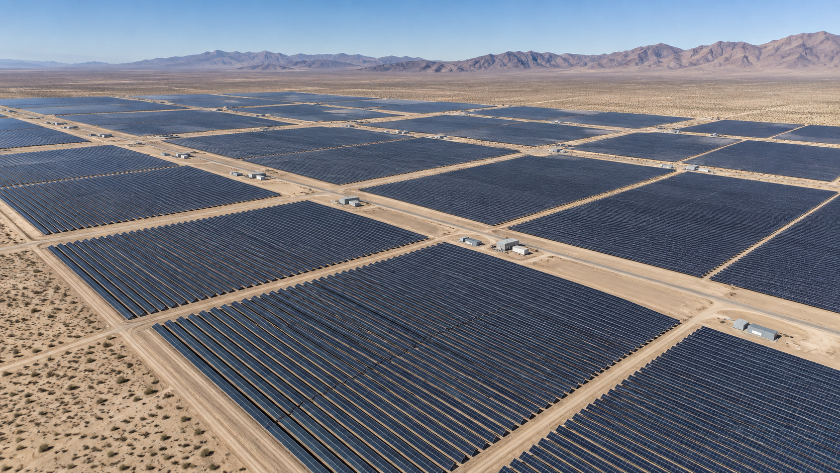 Large solar park divided into repeated PV plots in a desert landscape