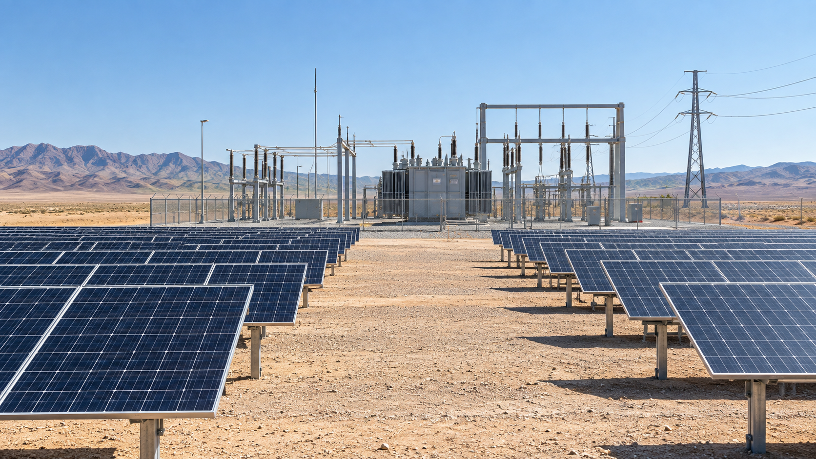 Desert PV field with a prominent step-up substation