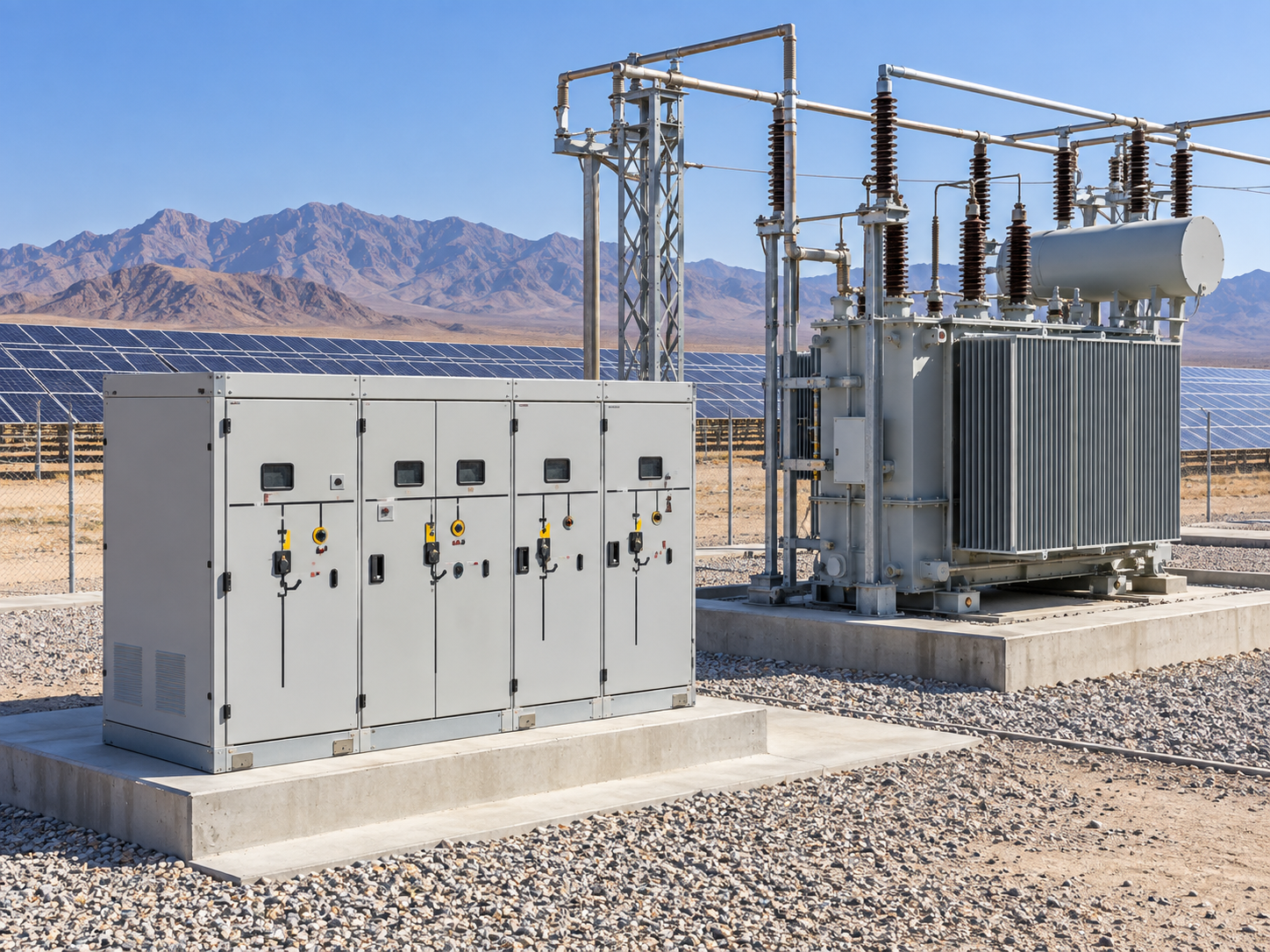 Ring main unit and low-voltage switchgear at a step-up transformer interface