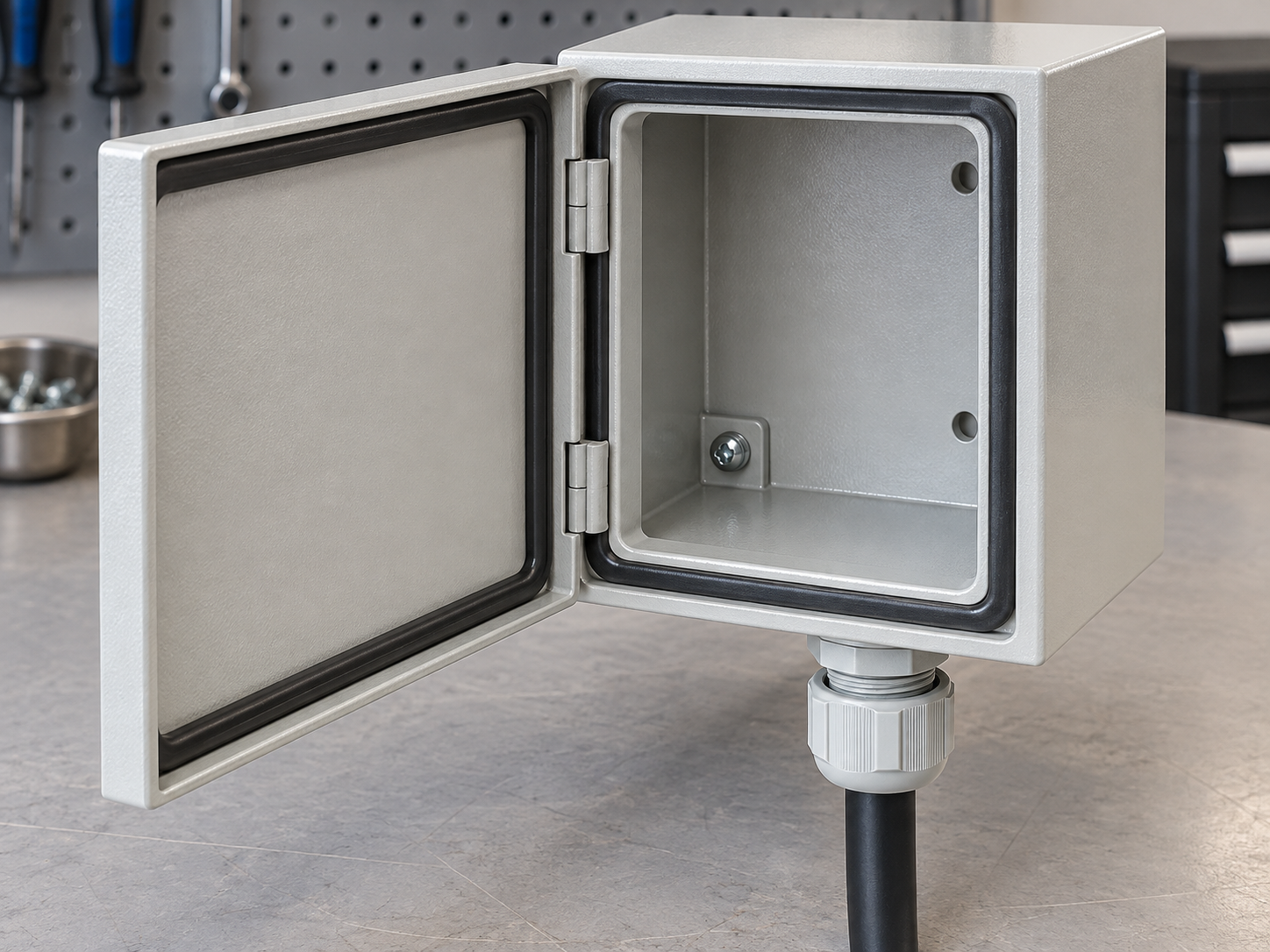 Enclosure construction sample showing a continuous gasket coated flange and sealed cable entry