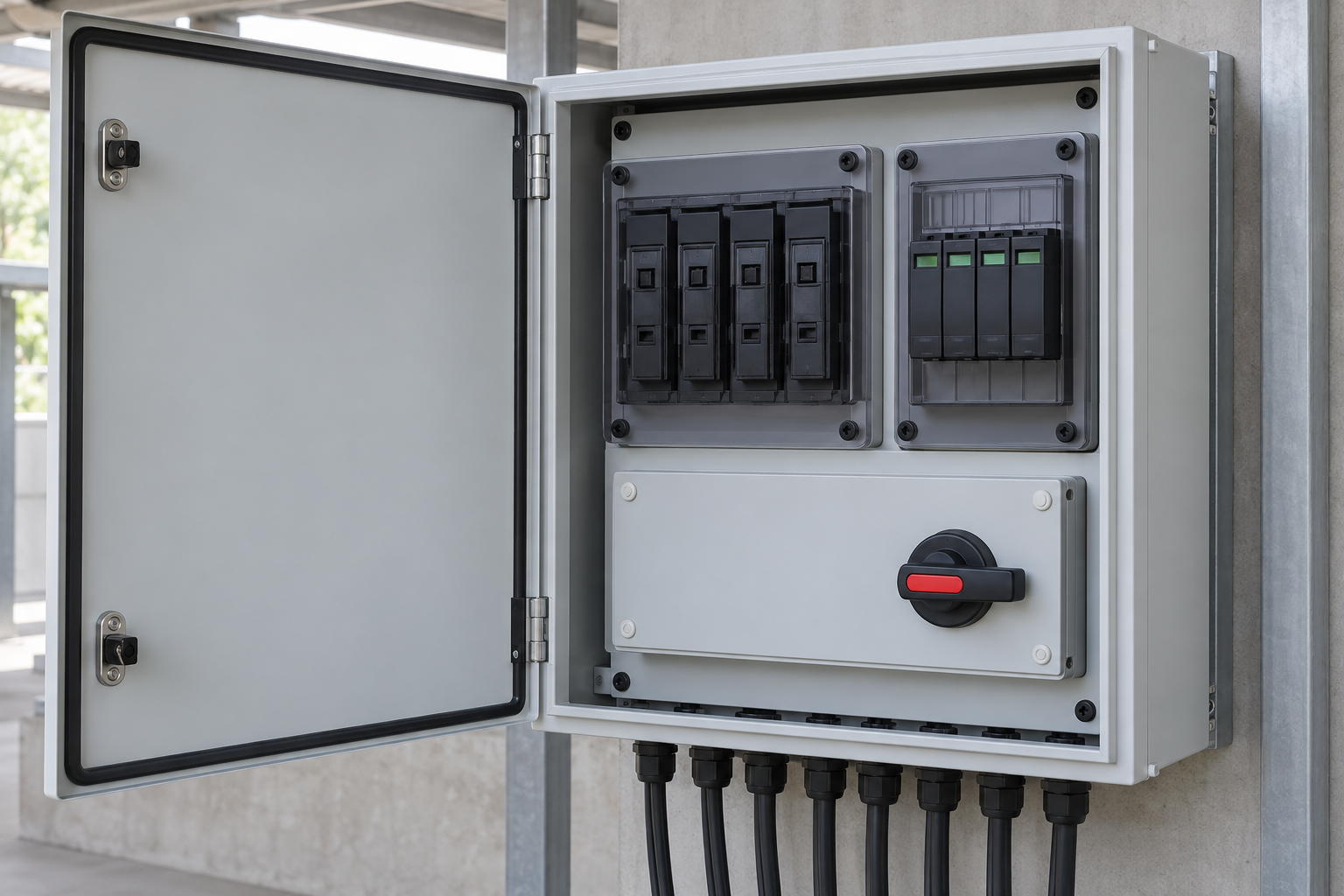 Photovoltaic combiner enclosure with modular fuse holders surge cartridges and a rotary isolation handle
