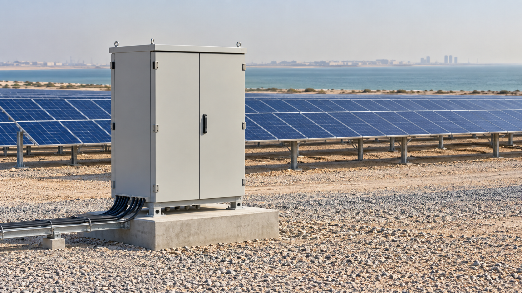 Closed electrical enclosure beside photovoltaic rows with a distant coastline