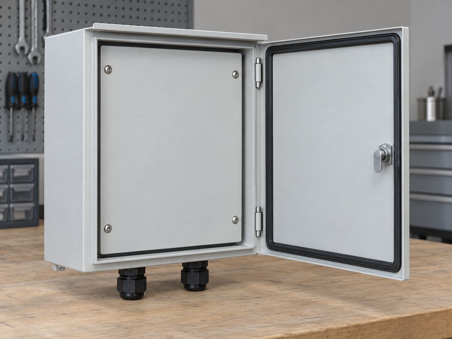 Complete generic enclosure and open door showing a continuous gasket coated edges and sealed cable entries