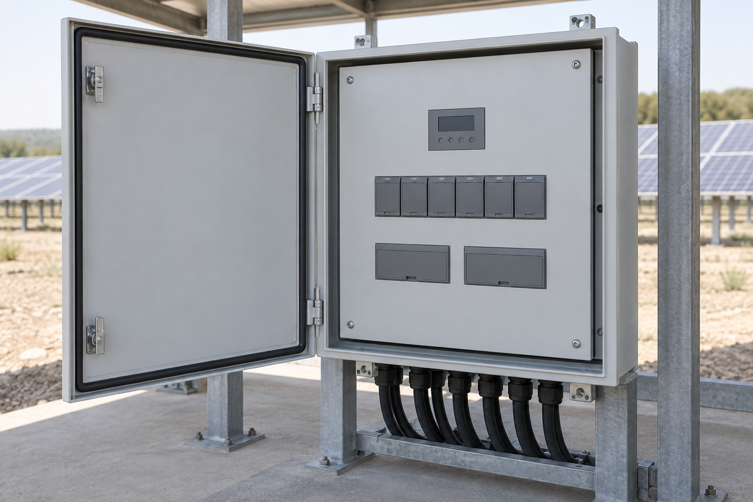 Generic PV combiner enclosure with its outer door open and an intact protective dead-front panel