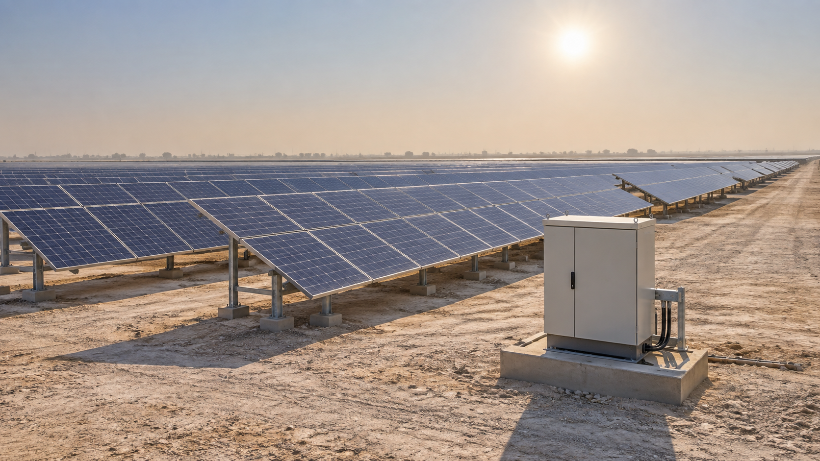 Generic solar rows and a closed enclosure on a flat dry southern Iraqi plain under hot haze