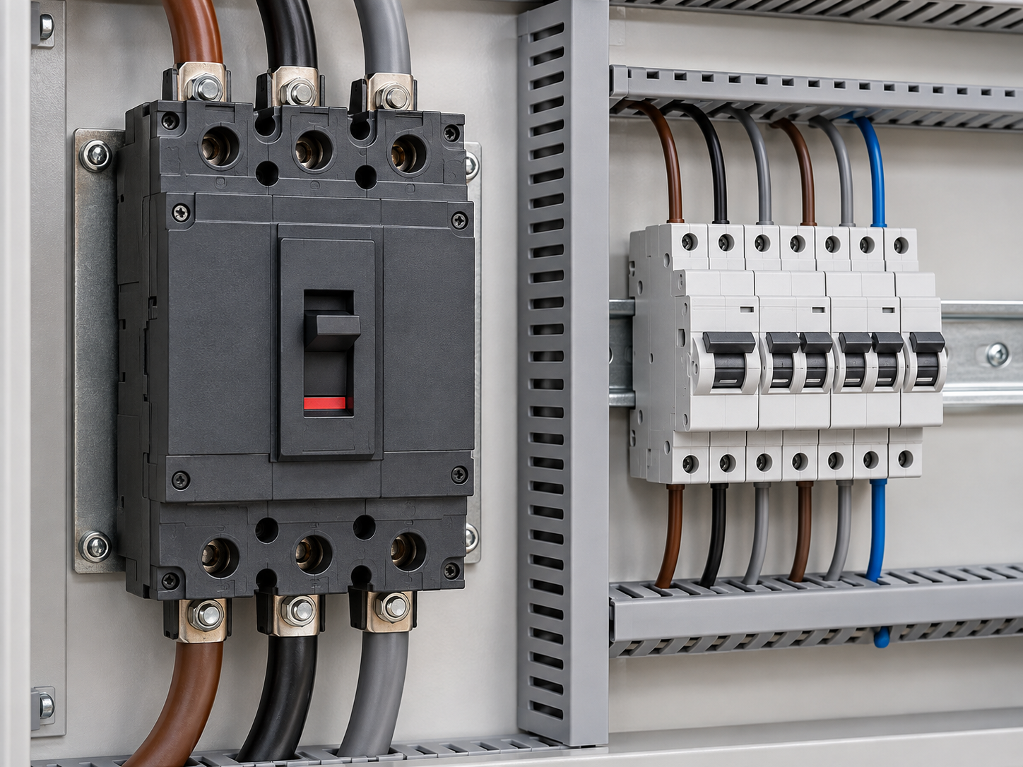 Molded-case circuit breaker beside compact DIN-rail breakers and wiring ducts on a backplate