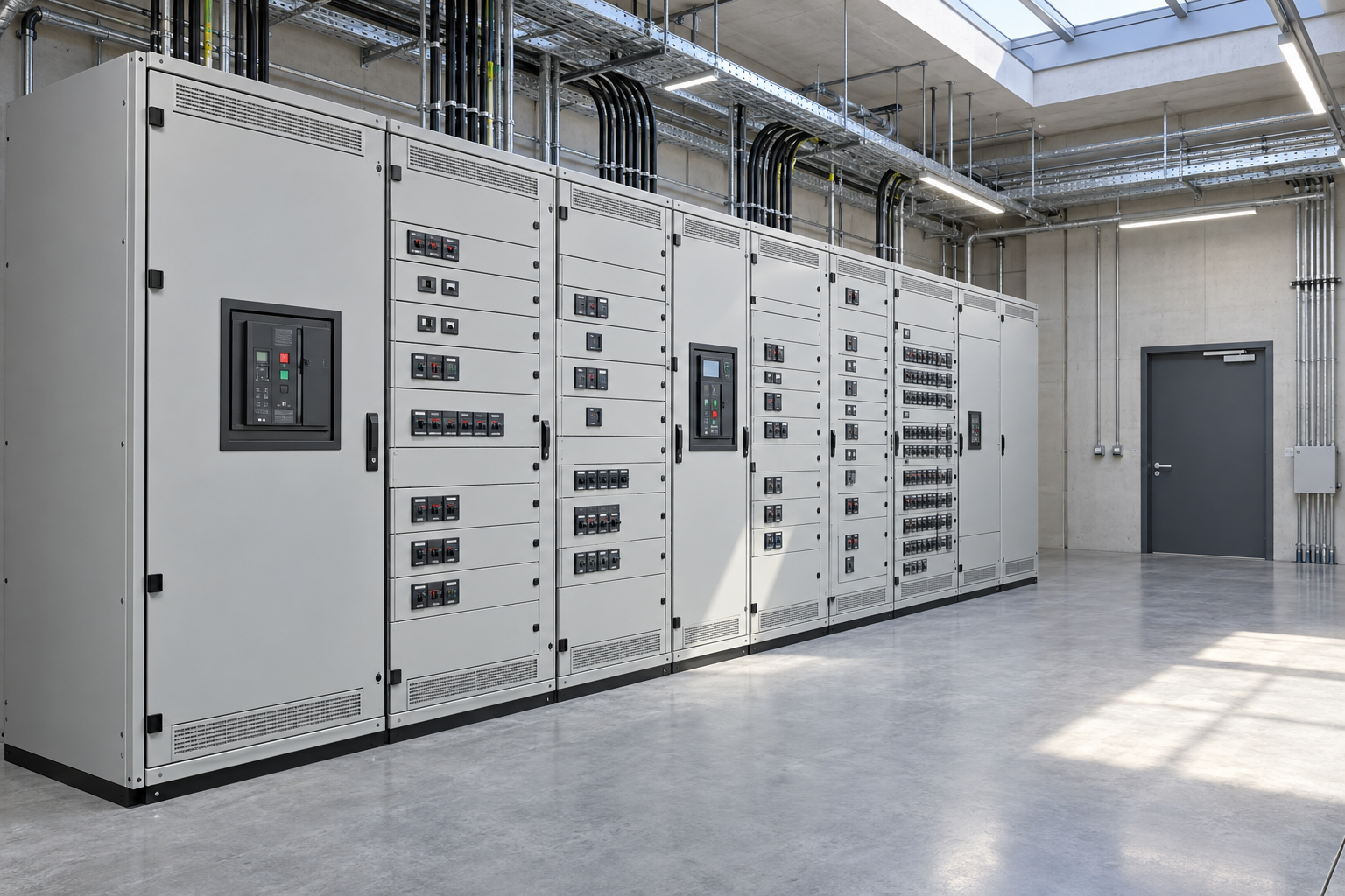 Low-voltage switchboard lineup with breaker compartments and a clear service aisle in an electrical room