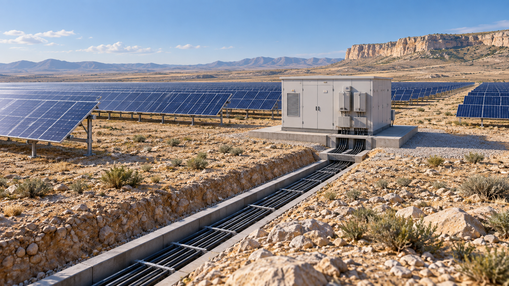 PV rows on a dry plateau with a collection cabin and an organized cable trench approach