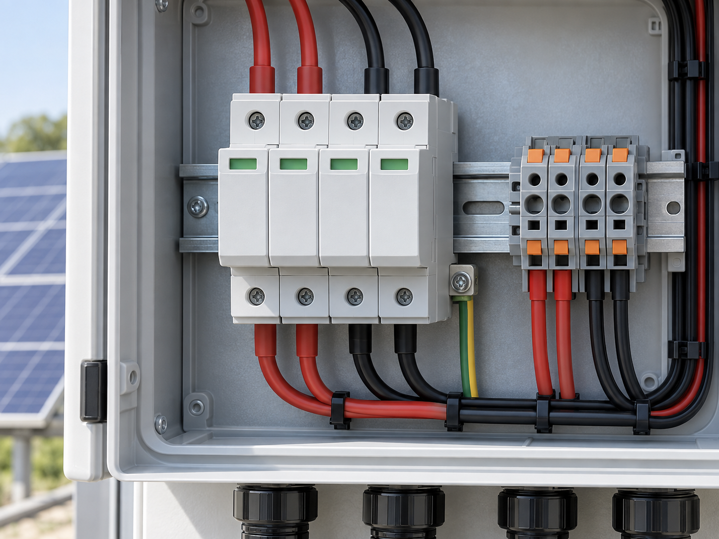 Replaceable surge-protection cartridges in a DIN-rail base beside a terminal block inside a solar enclosure