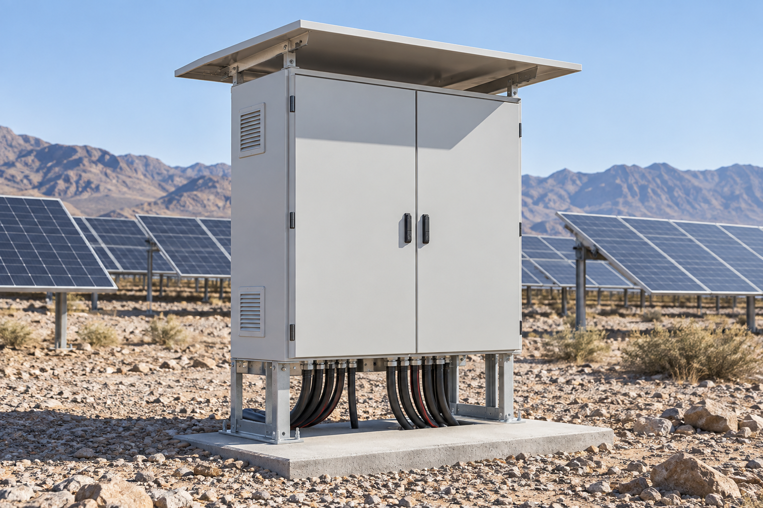 Outdoor combiner cabinet with a sunshade roof and bottom cable entries in a dry rocky PV field