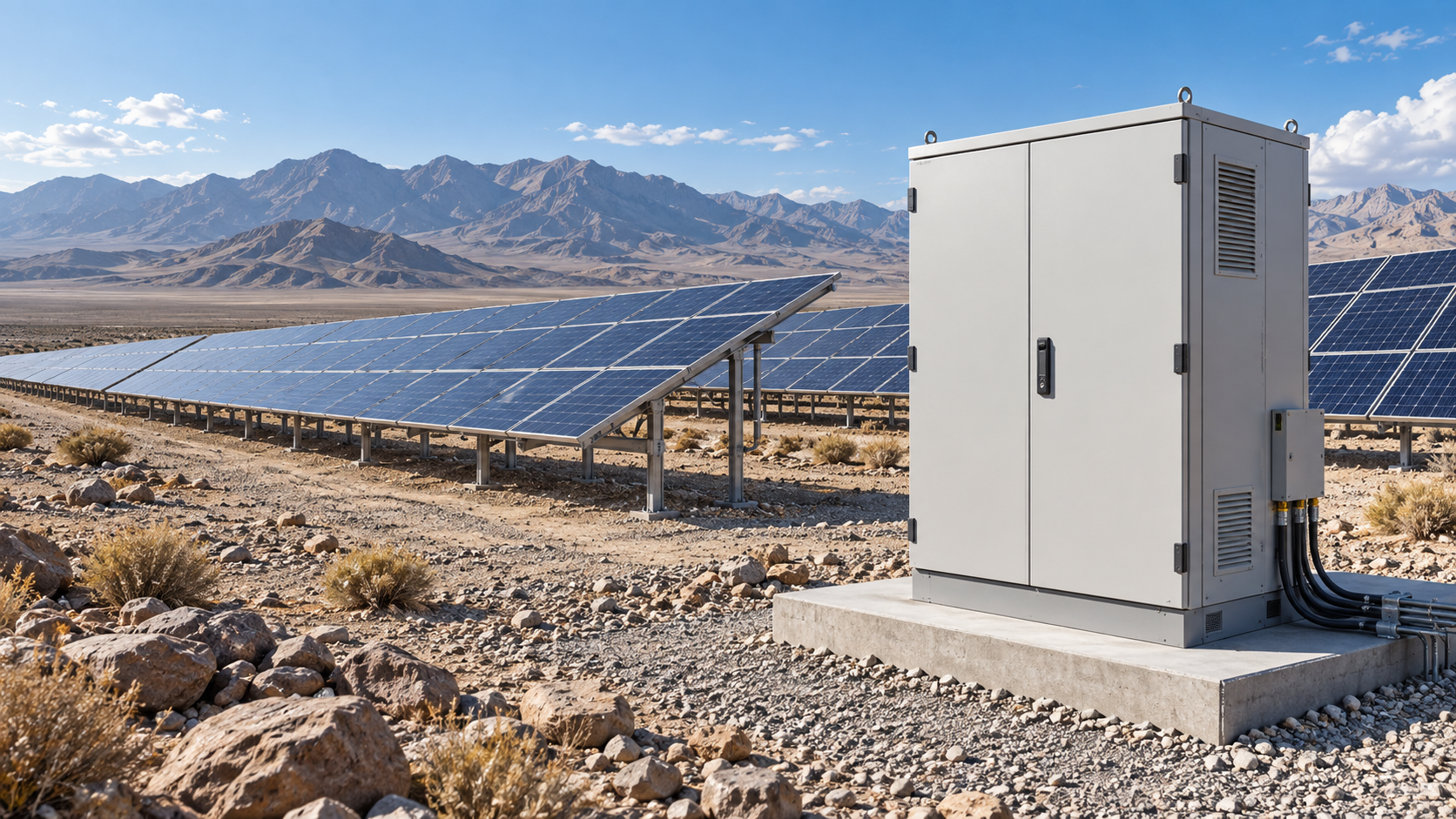 PV rows in a rocky basin with low mountains and a closed solar protection cabinet on gravel