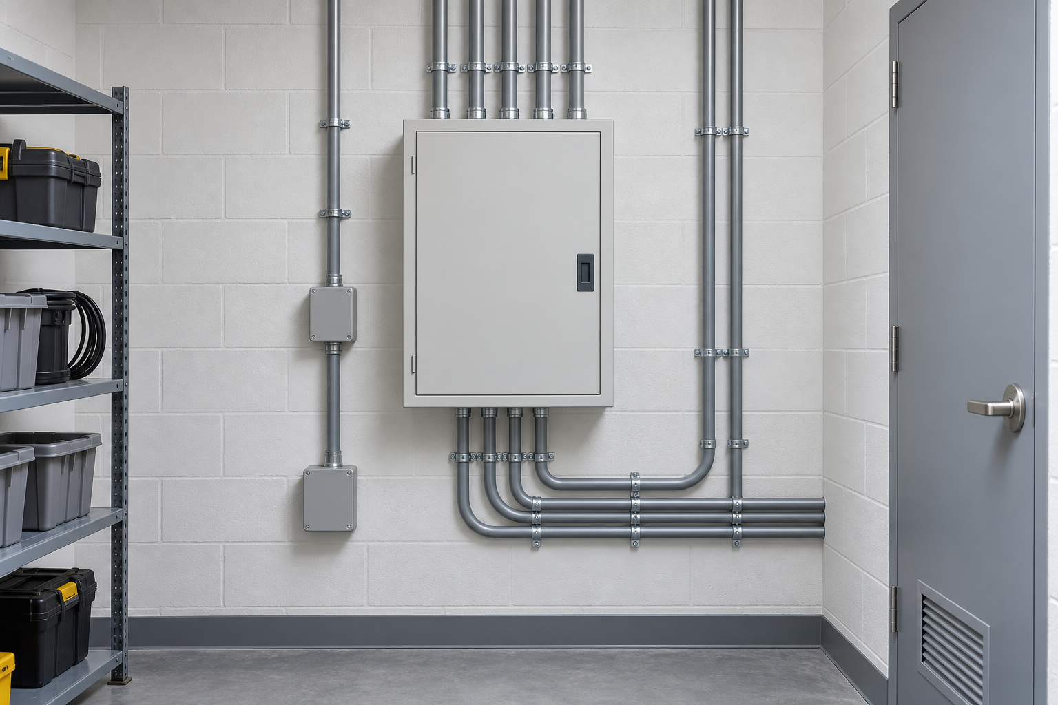 Closed compact AC distribution board with orderly conduits in a clean utility room