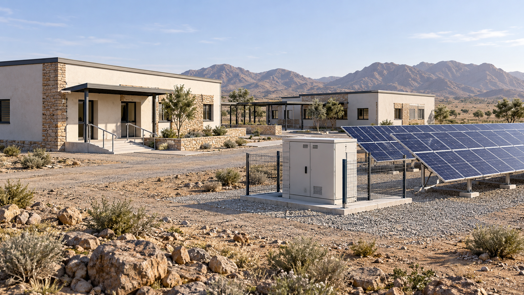 Low-rise community buildings beside a small ground-mounted solar array and a utility cabinet