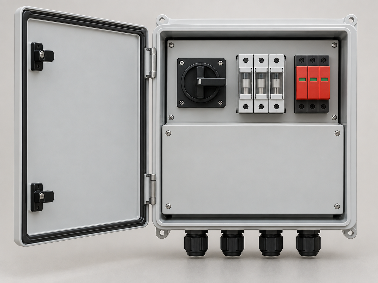 Frontal DC combiner with a rotary control fuse holders and a surge protection module behind protective covers